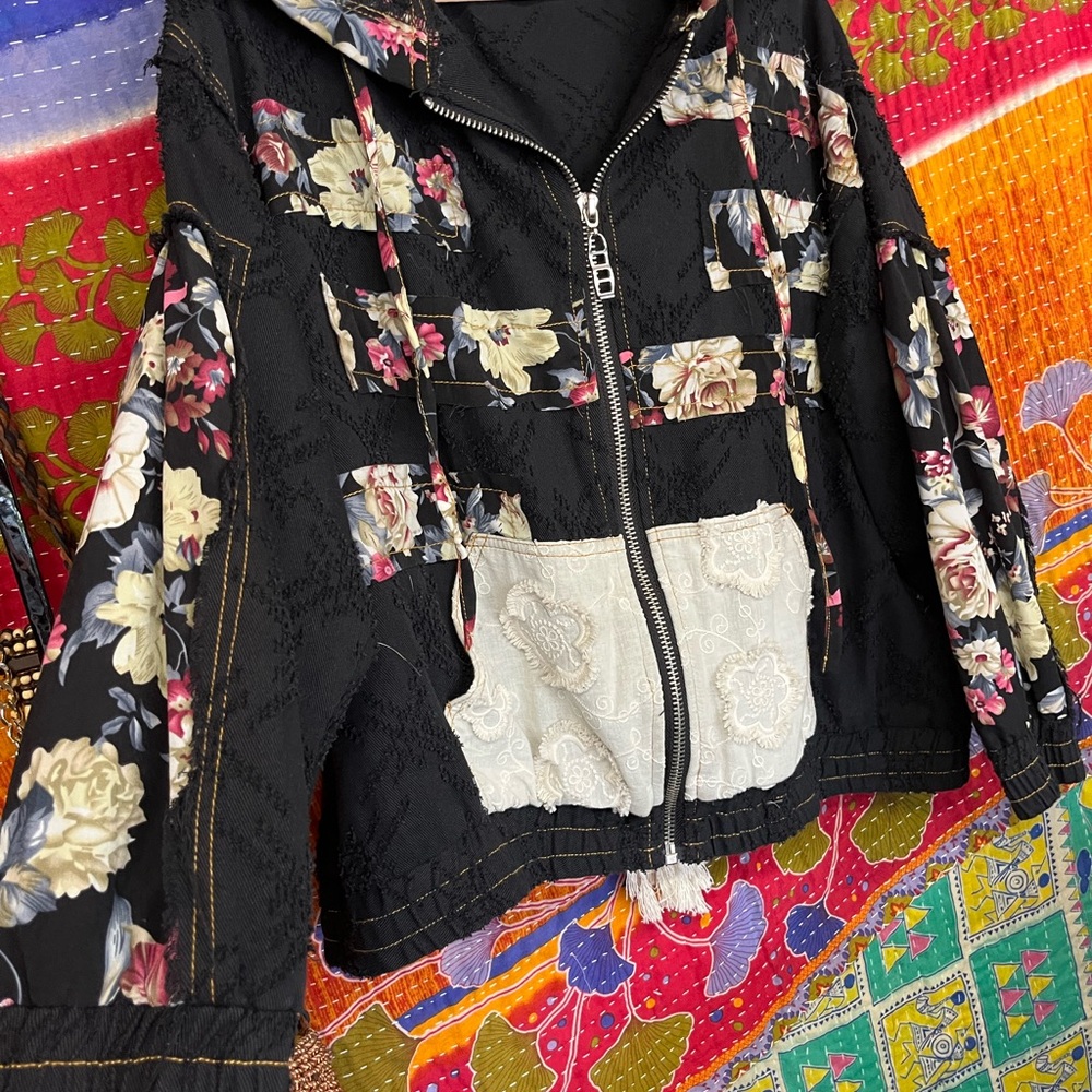 POL Floral Patchwork Zip-Up Jacket